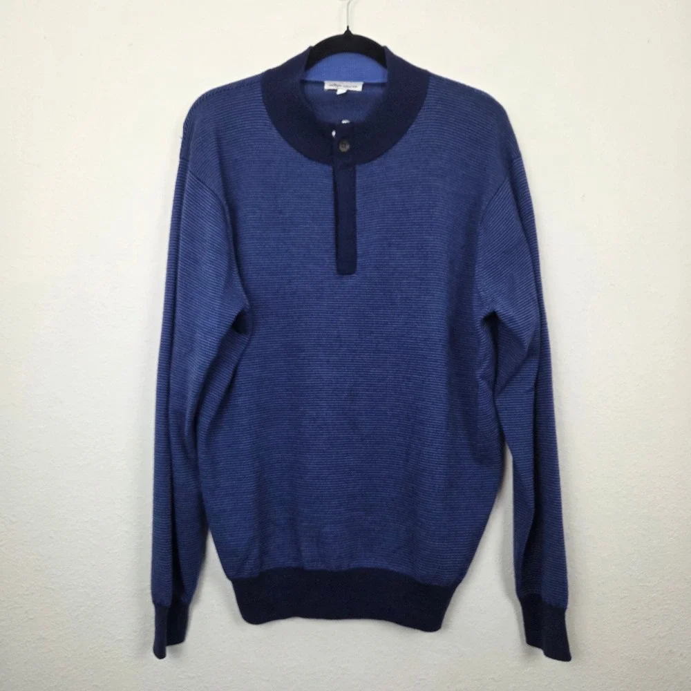 Peter Millar Sweater Mens L Blue Striped‎ Merino Wool Henley Pullover RN100308